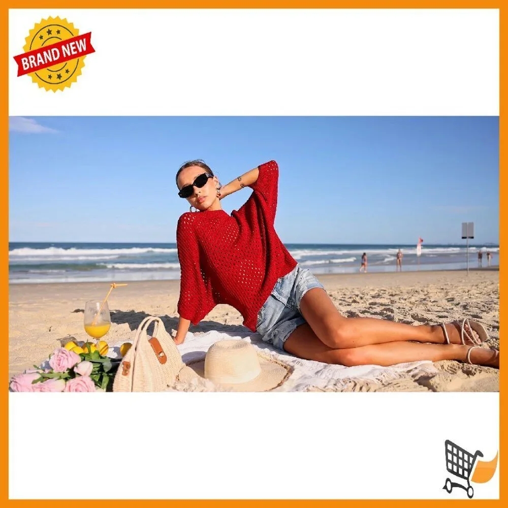 Crochet Hollow Out Batwing Sleeve Summer Pullover Sweater